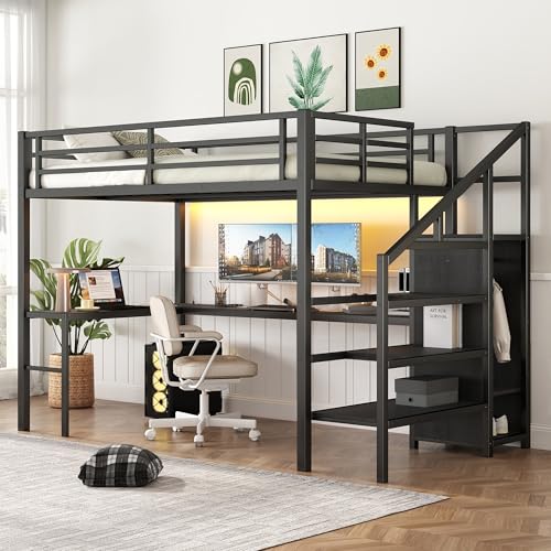Bellemave Full Size Metal Loft Bed with L Shaped Desk and Wardrobe, Heavy Duty Loft Bed Frame with Storage Stairs, LED Loft Bed Frame with Charging Station & Safety Guardrails, Black - color: Black, size: Full