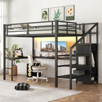Bellemave Full Size Metal Loft Bed with L Shaped Desk and Wardrobe, Heavy Duty Loft Bed Frame with Storage Stairs, LED Loft Bed Frame with Charging Station & Safety Guardrails, Black - color: Black, size: Full