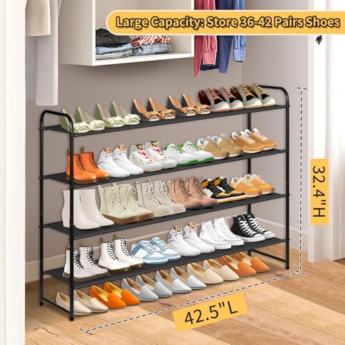SLEEPING LAMB Long 4-Tier Shoe Organizer for Closet, Stackable Wide Shoe Rack Holds 30-Pairs Low Shoe Shelf Storage for Bedroom, Floor, Entryway(Black) - color: Black, size: 11.4 x 42.5 x 32.4