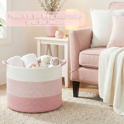 Artfeel 40L Large Cotton Rope Basket, Decorative Woven Blanket Storage for Living Room, Boho Toy Storage & Toy Box for Kids, Versatile Laundry Basket & Nursery Hamper for Blankets(Pink) - color: Pink, size: 40L
