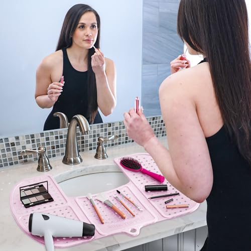 Sink Topper Bathroom Counter Cover & Storage Saver, Foldable Silicone Mat for Hot Tools, Hair Styling & Makeup, Beauty Brush Cleaning Mat, RV Camper Sink Cover & for Small Spaces (Large Pink) - color: Pink, size: Large