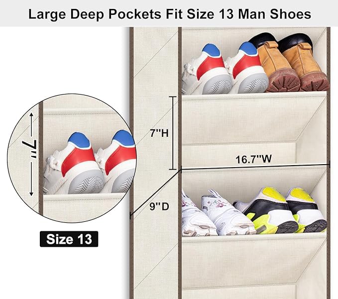 SLEEPING LAMB Over The Door Shoe Organizer for Closet with Large Deep Pockets, Narrow Shoe Rack for Door Hanging Boots Storage, Beige - color: Beige, size: 64.5''