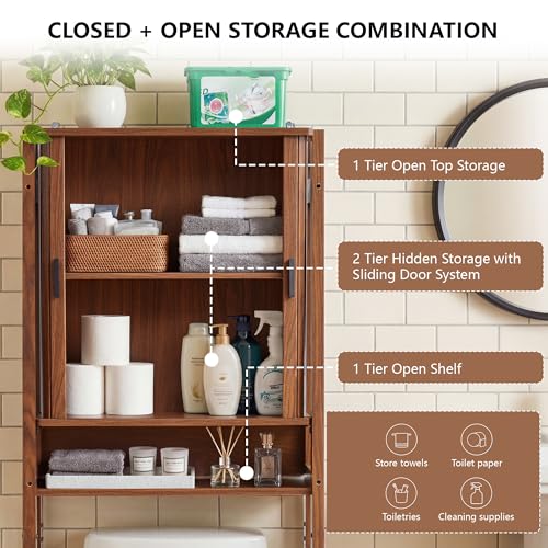 weselon Over the Toilet Storage Cabinet with Fluted Sliding Doors, Bathroom Space Saver Organizer, Freestanding Over Toilet Storage Rack for Small Bathroom, Wall-Anchored Wooden Cabinet (Walnut) - color: Walnut