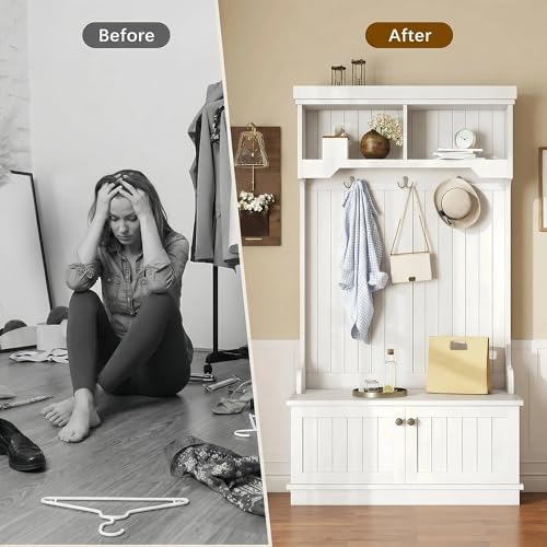 4-in-1 Entryway Hall Tree with Storage Shoe Bench, Coat Rack with Hooks, Open Shelves & Cabinet, Modern Organizer for Mudroom Hallway (White) - color: White