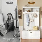 4-in-1 Entryway Hall Tree with Storage Shoe Bench, Coat Rack with Hooks, Open Shelves & Cabinet, Modern Organizer for Mudroom Hallway (White) - color: White