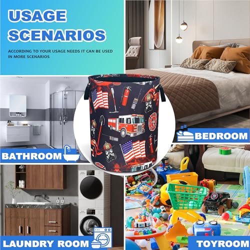 Fire Truck Fireman Laundry Basket Firefighters Oxford Cloth Laundry Hamper With Handle Foldable Portable Clothes Storage Basket 18.9 X 16.5 In Storage Bag For Laundry Room/Bathroom/Bedroom/Dormitories - color: Fire Truck Fireman