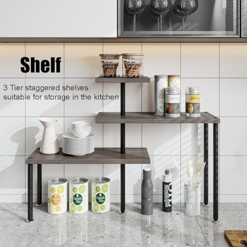 Countertop Organizer Organization 3 Tier Kitchen Corner Shelves Adjustable Spice Storage Rack for Bathroom Coffee Area Over Sink (Dark Gray Oak) - color: Dark Gray Oak