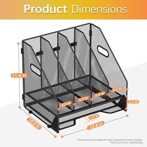 Docnest Desk File Holder Sorter, 4 Vertical Compartments Rack with Letter Tray, Mesh Magazine File Holder with Handle,Workspace Organizers,Desk Organizers for Paper, Mail, Documents-Black - color: Black-4 Compartments