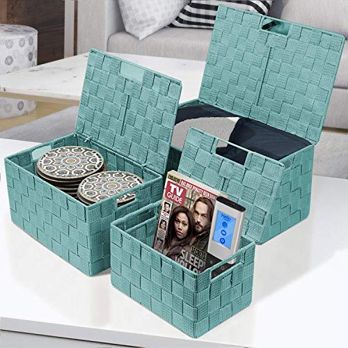 Sorbus Set of 3 Hand-Woven Storage Baskets with Lids – Decorative Wicker Organizers for Home, Closet, or Shelves (Aqua) - color: Aqua