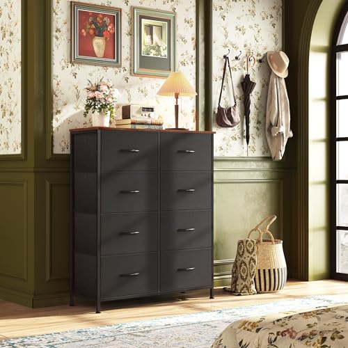 WLIVE Tall Fabric Dresser with 8 Drawers, Storage Tower with Fabric Bins, Double Dressers, Chest of Drawers for Closet, Bedroom, Living Room, Hallway, Dorm, Black and Rustic Brown - color: Black and Rustic Brown, style: General