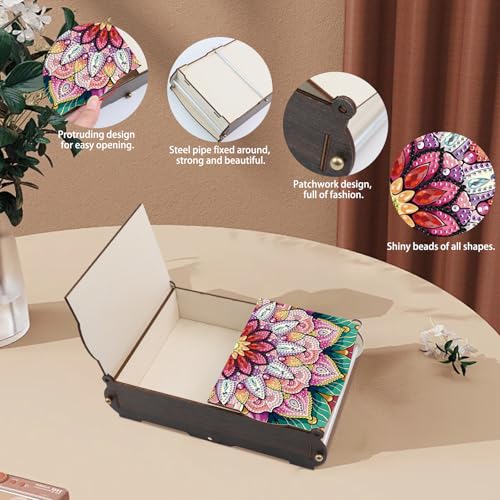 antor DIY Diamond Painting Wooden Storage Box, Mandala Flower Creative Special Shaped Rhinestone Art Flip Cover Decorative Organizer, Handmade Art Desktop Decorations Gift for Adults - color: Bright Mandala