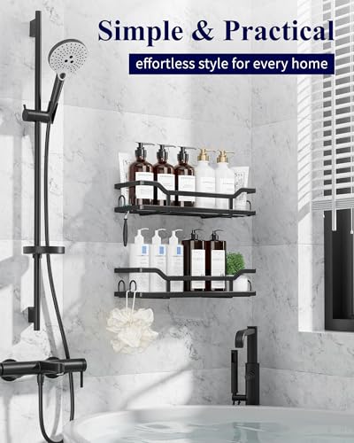 Kitsure Shower Caddy - 2 Pack, No Drilling Shower Organizer with 8 Hooks, Rustproof Stainless Steel Shower Shelf for Inside Shower, Wall Mounted Shower Rack for Bathroom, Kitchen, Black - color: Black, size: X-Large