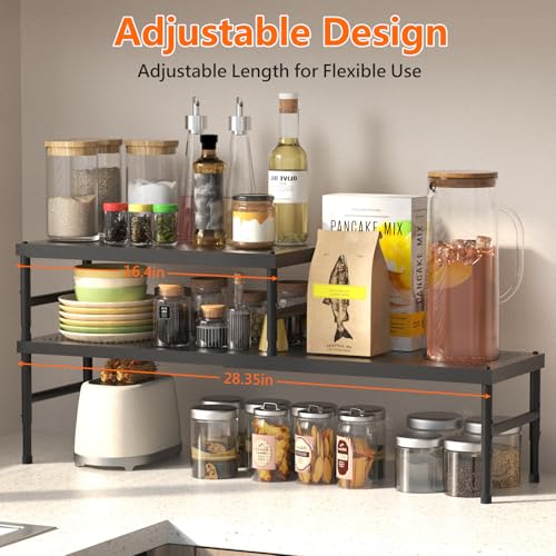 Expandable adjustable stackable kitchen organizer,Spice Racks,Counter Shelf for Cabinets,Small Cupboard Organizers,Heavy Duty Metal Pantry Storage Shelves Racks for kitchen, cabinet, study, bathroom - color: Black