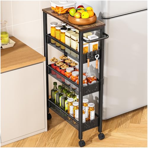 Vivihomety Utility Slim Storage Cart with Wheels, 4 Tier Small Rolling Cart with Wood Top, Metal Kitchen Bathroom Laundry Room Organization Trolley with Handle for Narrow Space – Black - color: Black, size: 7.1 inch wide