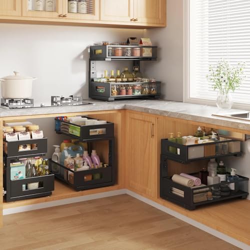Under Sink Organizer, 2-Tier Dual Pull Out Cabinet Organizer Drawers With Smooth Circular Rail, Large Capacity Metal Mesh Sliding Shelves For Bathroom& Kitchen Storage,Height Adjustable–Black,2 Packs - color: Black, size: 2 Pack-15.9"Dx11.6"-16.7" H