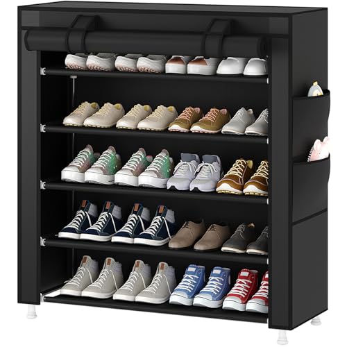 Laiensia 5-Tier Vertical Shoe Rack Organizer, Space Saving Shoe Storage Organizer, Non-Woven Cover Shoe Shelf Holds 20-25 Pairs for Bedroom, Hallway, Closet Entryway, Black - color: Black, size: 5-tier