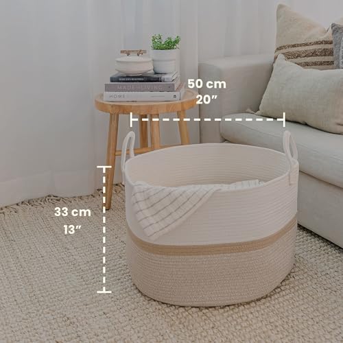 OrganiHaus Large Woven Storage Basket for Blankets and Toys 20" x 13" Inch, Rope Laundry Basket with Handles, Cushions & Pillows Storage Bin, Nursery Hamper, Soft Round Dog Toy Bin - Honey Stripe - color: Striped Honey, size: Wide