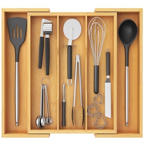 Lifewit Utensil Organizer for Kitchen Drawer, Expandable Cooking Utensil Tray, Cutlery Silverware Flatware Holder, Wood Adjustable Spatula Tools Storage Divider, 13-22x15/ 33-56x38cm, Natural - color: Natural, size: 12.6~22.4''W x 15'' D