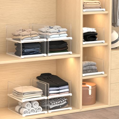 Covetree 3 Pack Stackable Closet Organizers and Storage Shelves - Transparent Sweater Organizer for Closet, Bathroom, Kitchen, Cupboard, Laundry Room, and Office