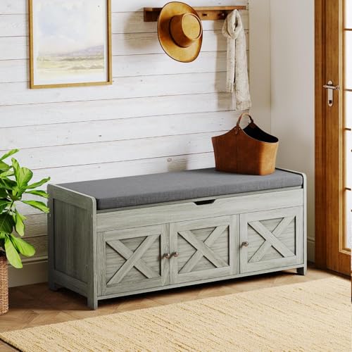 Pipishell 2-Tier Shoe Storage Bench, Entryway Bench with 3 Barn Doors, Cushion Seat, Hidden Storage, Adjustable Shelf, 200 lbs Capacity, for Entryway, Living Room, Bedroom, Gray (39.4″Wx15″Dx18.1″H) - color: Grey