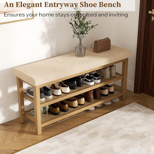 2 Tier Shoe Rack Bench with Cushion, Rubberwood Shoe Benches, Mid-Century Modern Shoe Storage Bench for Entryway, Hallway, Living Room, Closet, Front Door Entrance, Light Brown - color: Light Brown