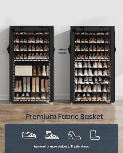 SONGMICS HOME Shoe Rack 10-Tier, Tall Narrow Metal Shoe Organizer with Dust Cover, 11.2 x 33.3 x 63.2 Inches, Vertical Storage Cabinet for Closet Entryway, Black - color: Black, size: 10 Tiers (33.3"W)