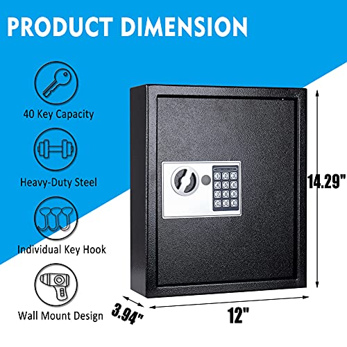 UMEKEN Key Box Wall Mount 40 Position Valet Digital Car Key Cabinet Lock Box with Code, Electronic Vehicle Key Holder Lockbox with Key Tags, Key Organizer Locker Box, Black, 12" x 3.94" x 14.29" - style: 40 KEY