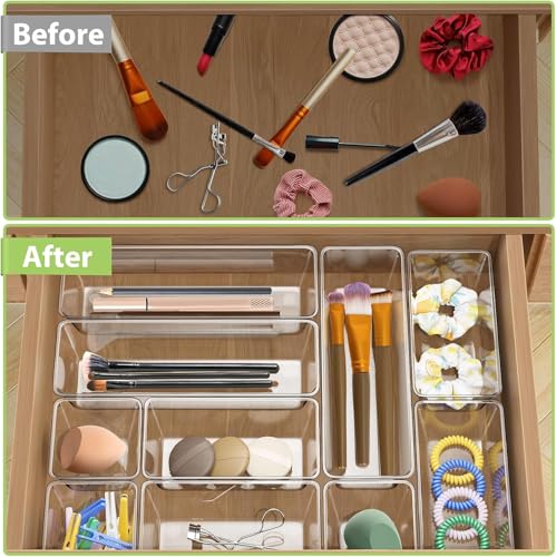 25 Piece Clear Drawer Organizer Set, 4 Sizes Bathroom Vanity Organizer Trays and Storage Bins for Makeup, Cosmetics, Jewelry, and Gadgets. Perfect for Office, Kitchen, Bedroom, Bathroom Use. - size: 25pcs-4size