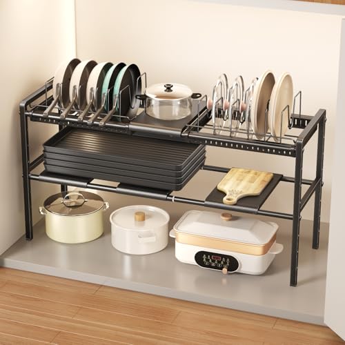 Mustorn Pots and Pans Organizer Under Cabinet, Expandable 2 Tier Under Sink Organizers and Storage Adjustable Height Kitchen Pot and Pan Lid Holder Rack with 12 Dividers Under Cabinet Shelf(Black) - size: 4panels &2 pot rack-2 Tier