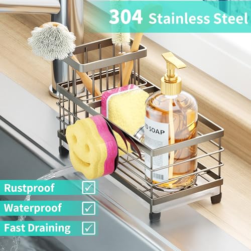 HapiRm Sink Caddy Sponge Holder - Self-draining Kitchen Sink Organizer with Smiley Face and Brush Holder, Stainless Steel Kitchen Organizer for Countertop - Brushed Nickel - color: Brushed Nickel, size: Twin
