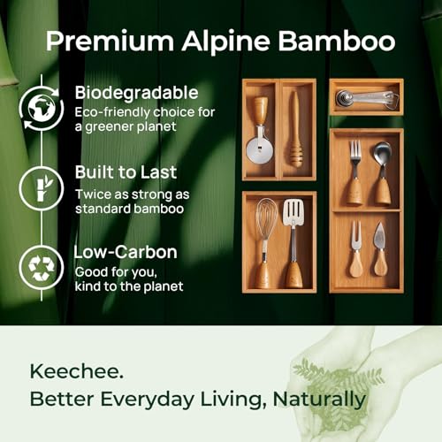 keechee 6-Piece Bamboo Drawer Organizer Set, 2.2" Deep Multi-Use Organizers for Utensils, Silverware, Cutlery, Desk, Bathroom, Junk Drawer & Makeup, Non-Slip Feet Included. - size: Bundle: 10 Slots (Expandable) + 5 Pc Set