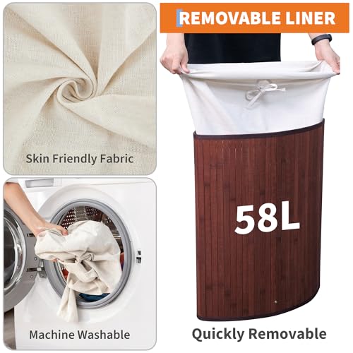 Bamboo Laundry Hamper Large 58L with Removable 2-Section Liner, Foldable Storage Basket with Lid and Handles for Bedroom, Laundry Room, Small Spaces – Brown - Triangle - color: Brown - Triangle
