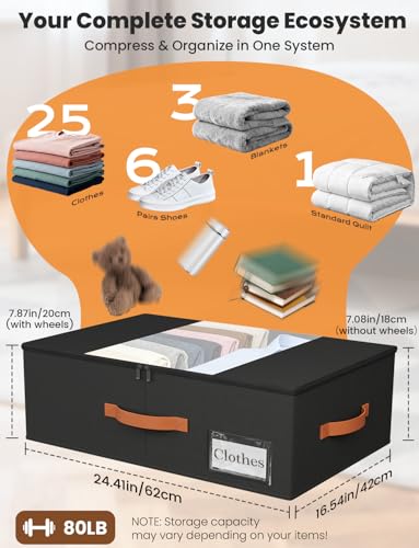 TOSKING 2-Pack Under Bed Storage Bins with Wheels and 4 Vacuum Seal Bags, Heavy Duty 80lbs Capacity,7.9"Height Clear Lid Organizer for Dorm Bedroom Clothes Shoes Toys, Quick Assembly Space Saver Black - color: Black, size: 7.9 inches