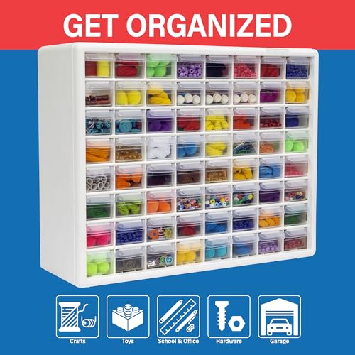 Akro-Mils 64-Drawer Plastic Drawer Storage Cabinet for Garage Organization, Bead Organizer, Building Bricks Storage, Teacher Toolbox, Makeup Organizer, 20" W x 6" D x 16" H, 10164 White - color: White, size: 64 Drawer, style: 1 Pack