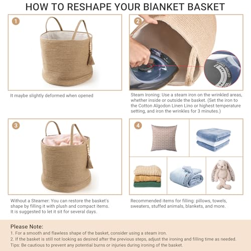 Mkono Woven Storage Basket Decorative Rope Basket Wooden Bead Decoration for Blankets,Toys,Clothes,Shoes,Plant Organizer Bin with Handles Living Room Home Decor, 15"Wx17.7"L,White and Yellow - color: Cream White and Brown, size: 15"W x 17.7"L