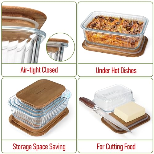 Set of 4 Stackable Space-Saving Nesting Glass Bowls with Airtight Acacia Lids for Lunch, Meal & Food Prep - Microwave & Oven-ready BPA Free Durable Heat Resistant Inert Borosilicate Glass - color: 4 Containers with Acacia Lids (Ribbed)