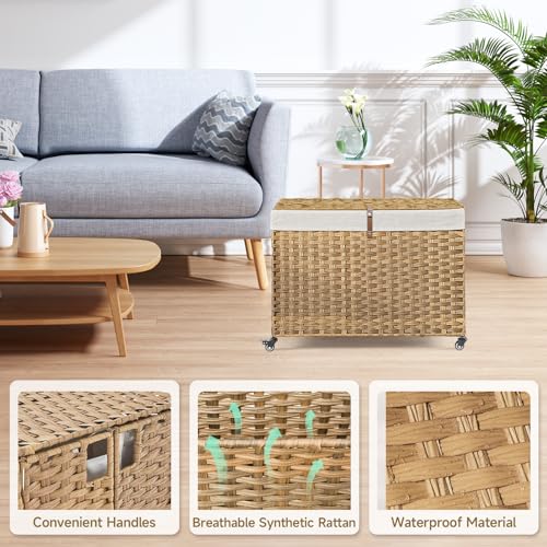 Rolling Storage Basket with Lid, 47.6 Gallon (180L) Storage Bin with Wheels, Woven Rattan Blanket Storage Basket with Handles, Foldable, Metal Frame, Removable Liner for Bedroom, Laundry Room, Natural - color: Natural