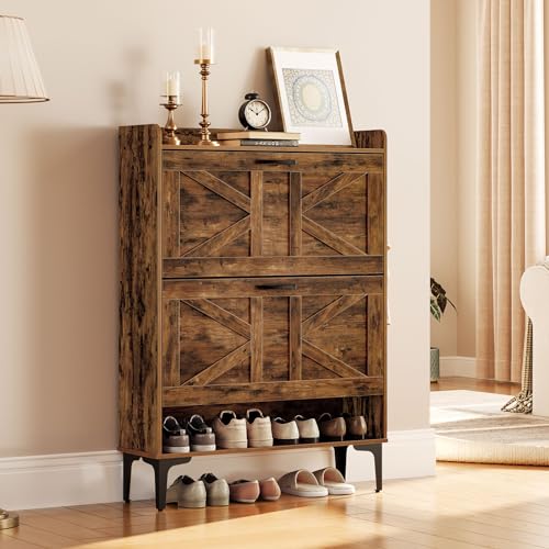 MAHANCRIS Shoe Storage Cabinet, Shoe Organizer with 2 Flip Drawers, Hidden Shoe Storage for Entryway, Freestanding Organizer with Open Storages, Rustic Brown SHHR9401N1 - color: Rustic Brown