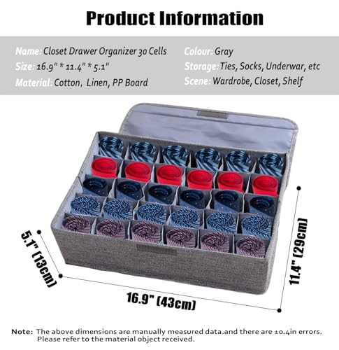 AARAINBOW Underwear Socks Ties Storage Organizer with Lids Foldable Closet Drawer Organizer 30 Cells, Fabric Wardrobe Divider Storage Box for Scarves and Lingerie (30 Cell, Gray) - color: Gray, size: 30 Cells