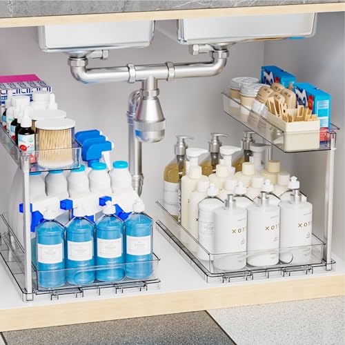Yieach 2 Pack Under the Sink Organizer for Under Bathroom Sink,14.5″ Deep Sliding Inder Sink Organizer for Kitchen Cupboard,2 Tier Undersink Organizers for Vanity,Under Counter Storage Organization - size: 10.8 In High