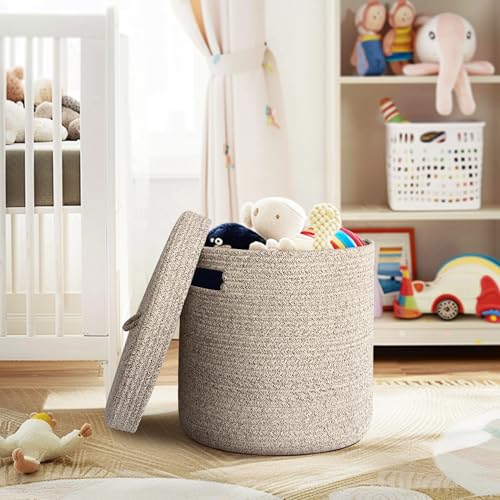 Storage Basket with Lid, Woven Blanket Storage for Living Room, Soft Cotton Rope Bin with Lid, Round Wicker Laundry Basket with Cover, Lidded Kids Dog Toy Bin, Nursery Organizer, 15" x 13" - color: Brown