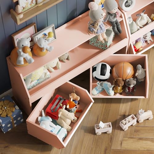 Fulhope Toy Storage Organizer for Kids, Toy Storage Cabinet with Drawers, Boys and Girls Toy Shelf with Wheels, Toy Organizer Kids Bookshelf with Storage for Nursery, Playroom, Bedroom (Light Pink) - color: Light Pink