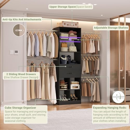 Besiost Closet System, 4-8 FT Closet Organizer Tower with 2 Wooden Drawers and Shelves, Can Fit 60 to 96 inch Walk-in Closet System with 5 Hang Rods, Built-in, Black - color: Black