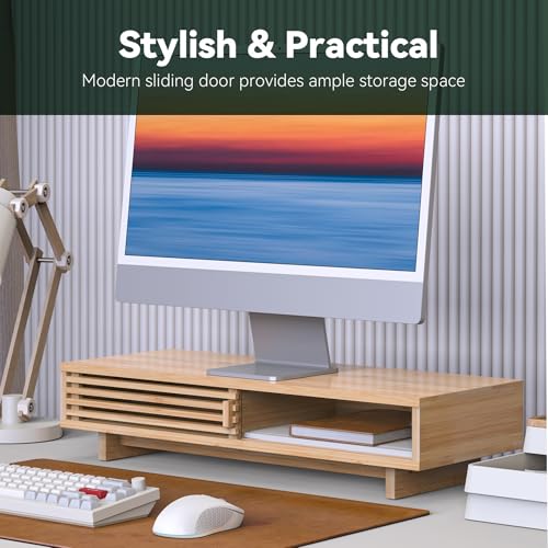 Monitor Stand Riser with Sliding Door, Computer Laptop Stand Desk Shelf Organizer with Storage (Natural Bamboo, 25 Inch) - color: Natural Bamboo, size: 25 Inch