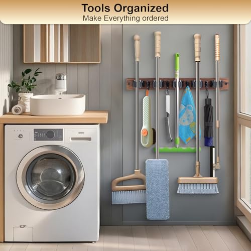 FunCee Broom Holder Wall Mount With 5 Slots & 4 Hooks，Rustic Wood Broom & Mop Hanger，Wall Mounted Garden & Garage Tool Storage Organizer Rack for Closet Laundry Room or Kitchen Wall Decor - color: Brown