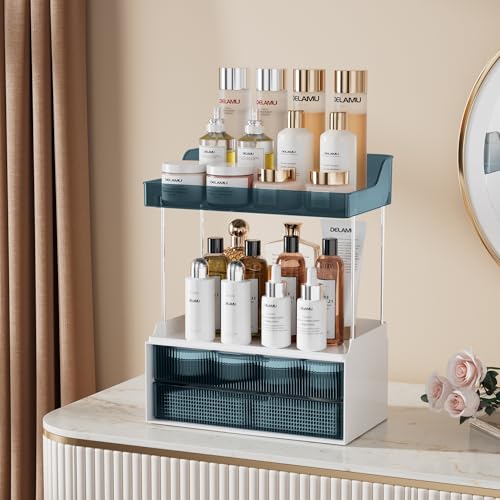 Delamu Bathroom Organizers and Storage, 2 Tier 2 Drawer Makeup Organizer Countertop, Easy to Install, Ideal for Bathroom Counter, Vanity, Blue - color: Blue, size: 2Drawers 1 Pack