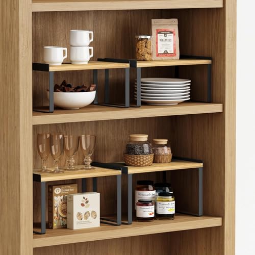 Goozii Kitchen Cabinet Organizer Shelf Set of 4, Pantry Organizers and Storage Shelves for Plates Dishes Cups Mugs, Cupboard Counter Cabinet Shelf Riser for Countertop (Bamboo Wood and Black Metal) - color: Black-bamboo, size: Medium