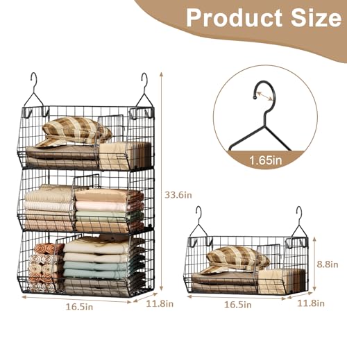 Jautokerdar 3 Tier Closet Hanging Shelves with Divider, Extra Large Closet Organizers and Storage, Clothes Hanging Organizer Clothing Sweaters Handbags Clutches Accessories - color: Black, size: 3-Tier