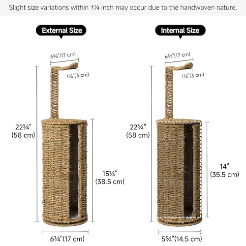 StorageWorks Wicker Seagrass Freestanding Toilet Paper Holder Stand with Storage, Farmhouse Covered Toilet Paper Stand for 4 Rolls with Cloth Lining, Tissue Holder for Bathroom Decor with Shelf - color: Natural（seagrass）, size: 6¾"D(For 4 Roll)