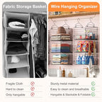 Sonyabecca 3-Tier Hanging Closet Organizer, Foldable Cabinet Wire Storage Basket Bins with 5 S Hooks, Closet Shelves & Hanging Closet Shelf for Clothing, Sweaters, Handbags, Hats